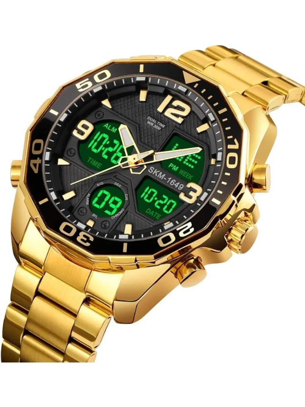 Mens Gold Analog Multi Times Military Stainless Steel Chronograph Digital Watch